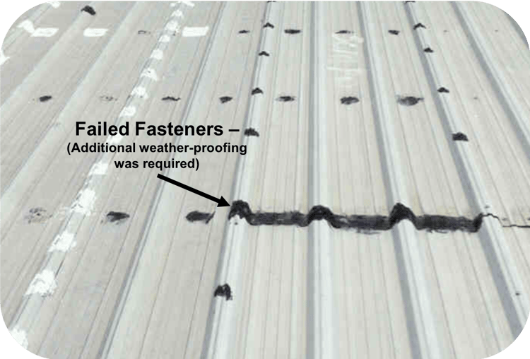 photo of failed fasteners on a metal roof where weather proofing was required