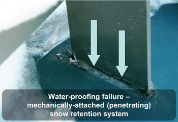 Fallo de impermeabilización - sistema de retención de nieve fijado mecánicamente (penetrante)